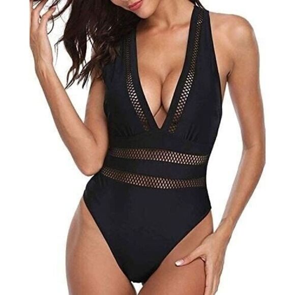 Tempt Me Swimwear Black Xlarge Plunge V-Neck Womens Summer Beach New - Picture 2 of 7
